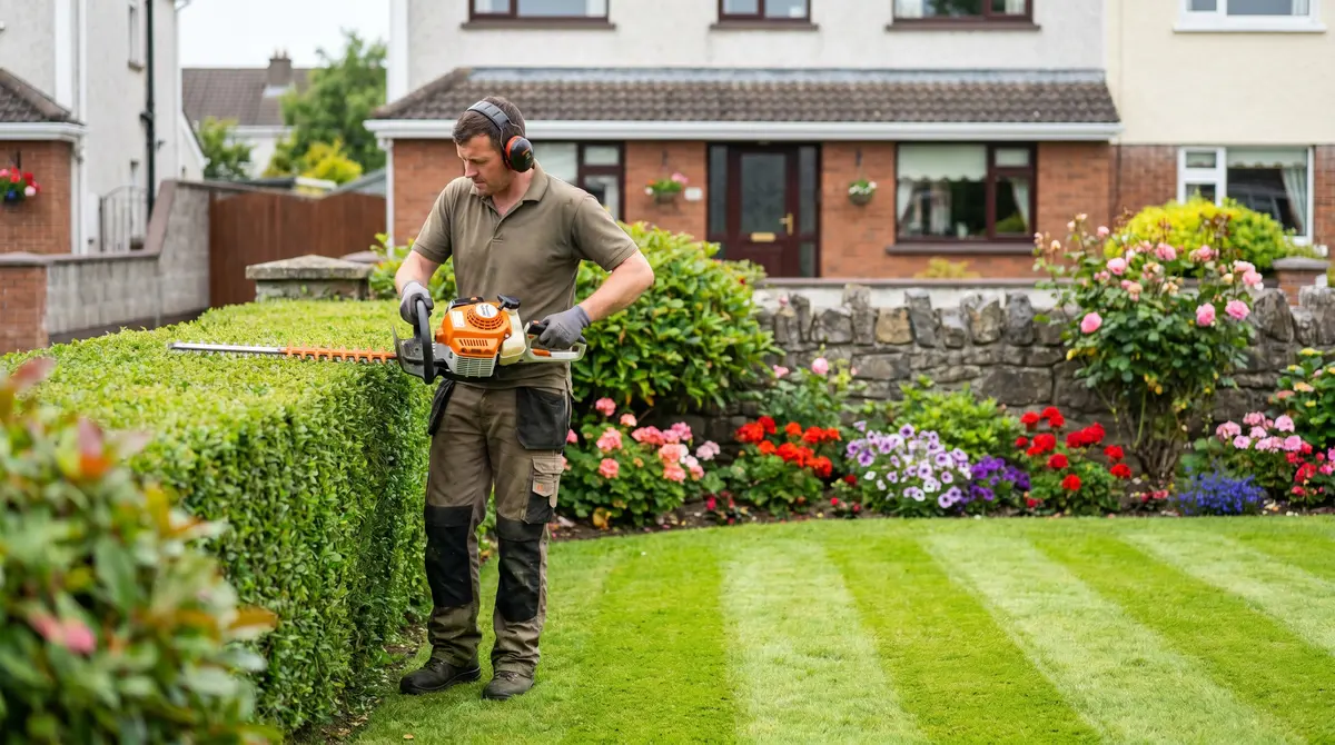 Professional gardener trimming hedges in Cork