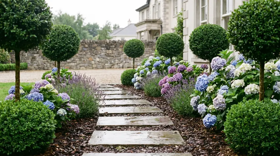 Manicured garden beds and clean stone path