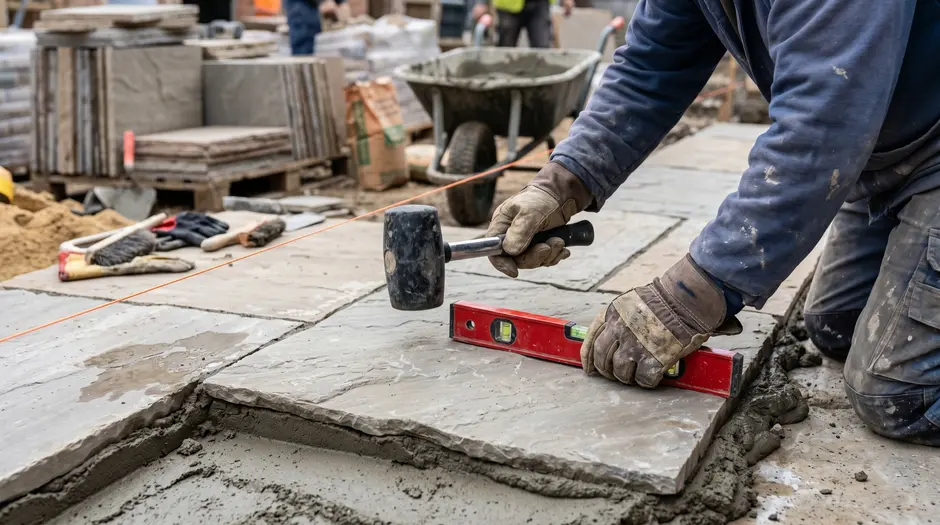 Mason laying Indian Sandstone patio slabs