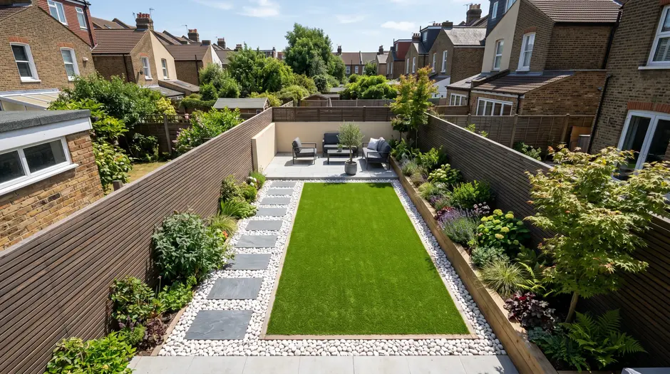Compact garden with artificial grass and gravel border
